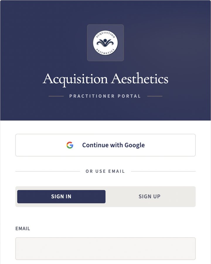 Sign-in screen of the Acquisition Aesthetics Practitioner Portal, with Continue with Google and email sign-in options.