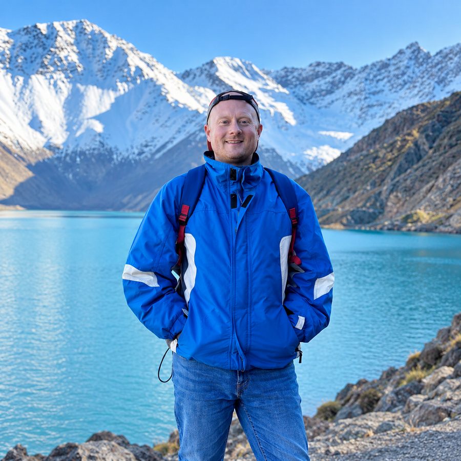 Gareth Lowrie smiling in a blue jacket beside a turquoise mountain lake, with snow-capped peaks behind.
